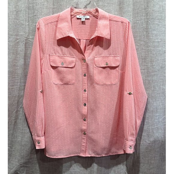 Studio Works Roll-Tab Sleeve Bright Pink Button Down Blouse Medium - Picture 1 of 13